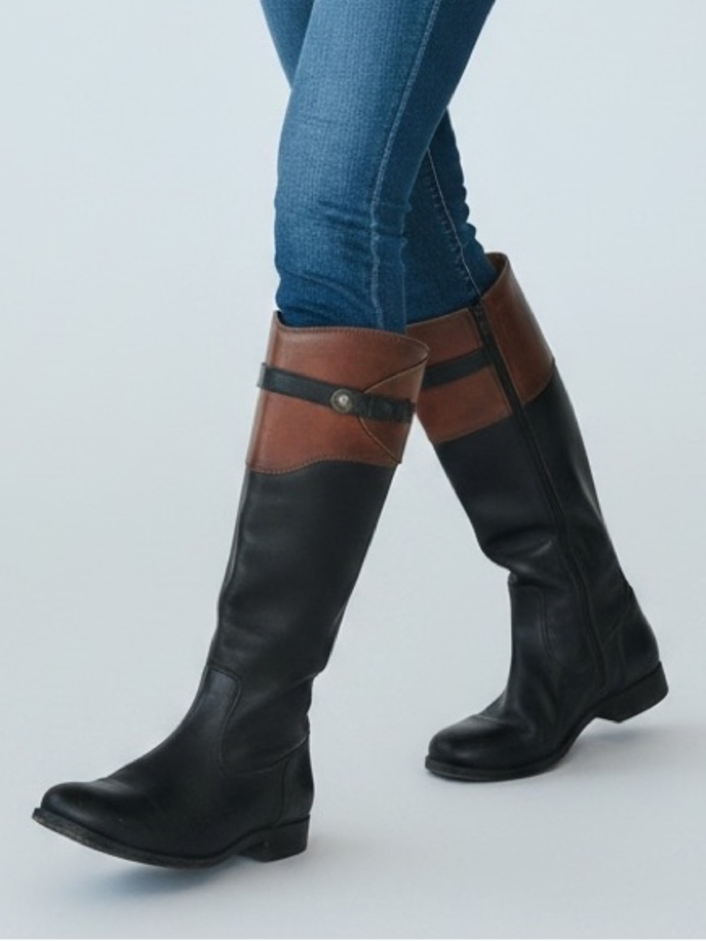 Frye Black and Brown Leather Knee High Riding Boots